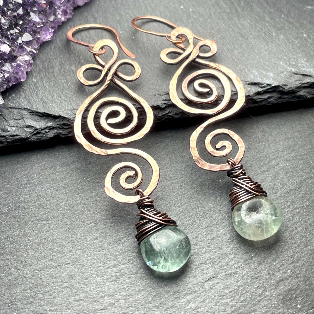 Green Fluorite Copper Earrings Hand Made Artisan Designed